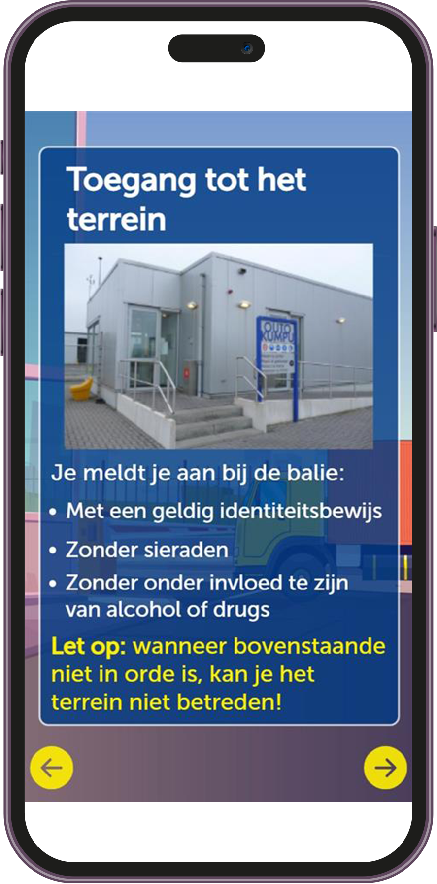 Telefoon met lopende poortinstructie (taalkeuze zichtbaar, video met ondertitel, één vraag in beeld)