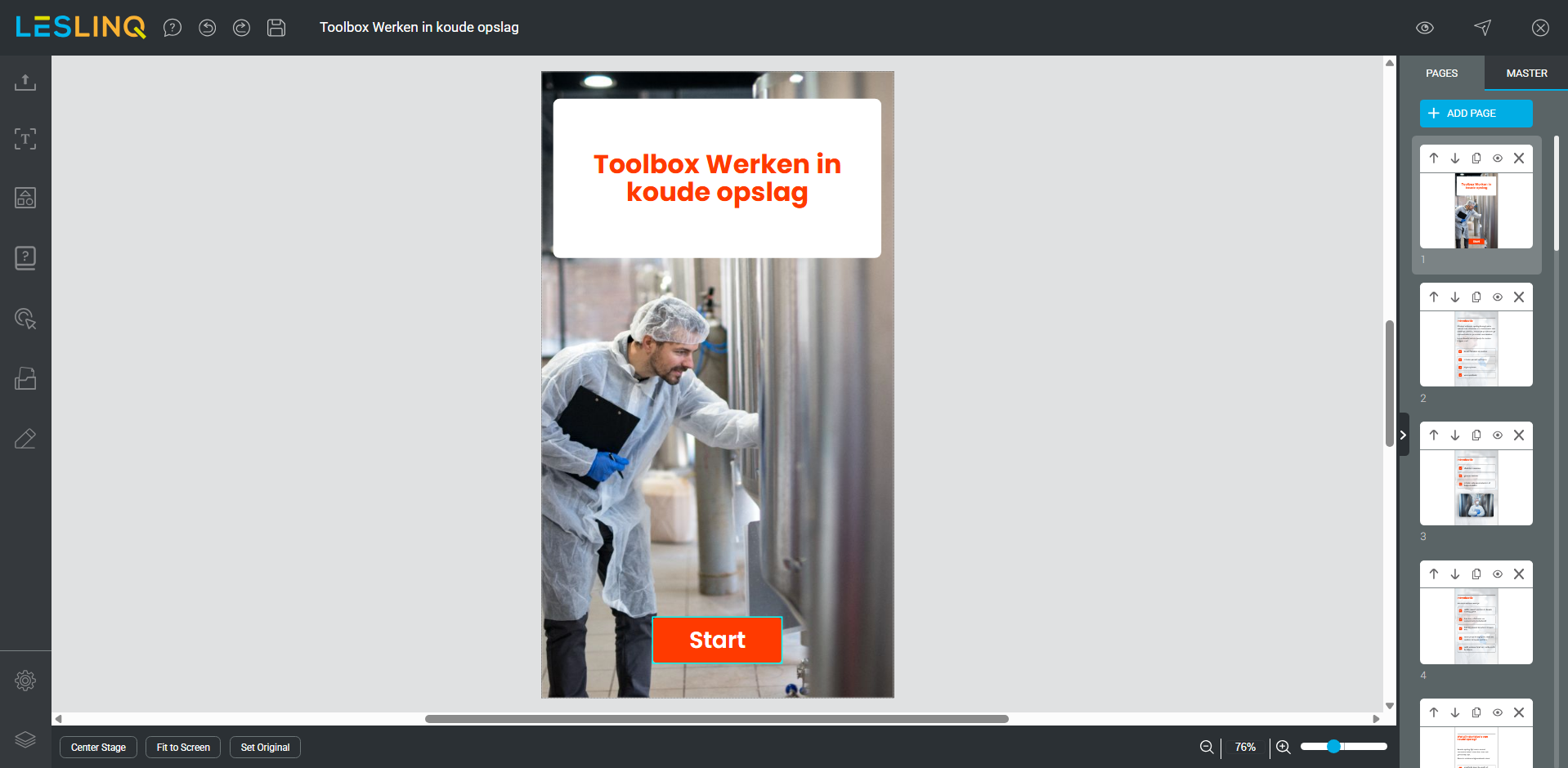 Auteurstool: toolbox in bewerking met videoblok en vraagblok